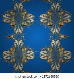Vector illustration for invitations, cards, web page. Golden outline floral decor. Eastern style element. Line art seamless border for design template. Golden element on blue, beige and brown colors.