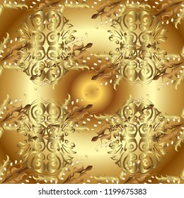 Vector illustration for invitations, cards, web page. Eastern style element. Golden element on brown, yellow colors. Line art ornamental border for design template. Golden outline floral decor.