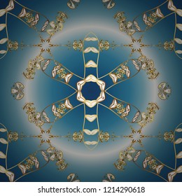 Vector illustration for invitations, cards, web page. Line art ornamental border for design template. Golden outline floral decor. Eastern style element. Golden element on blue, neutral, gray colors.