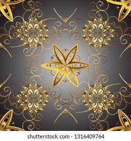 Vector illustration for invitations, cards, web page. Line art seamless border for design template. Golden element on brown and gray colors. Eastern style element. Golden outline floral decor.