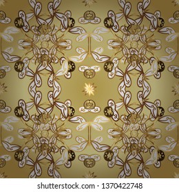 Vector illustration for invitations, cards, web page. Eastern style element. Golden outline floral decor. Line art seamless border for design template. Golden element on yellow and beige colors.