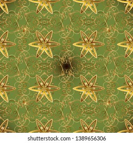 Vector illustration for invitations, cards, web page. Eastern style element. Golden element on green and brown colors. Line art seamless border for design template. Golden outline floral decor.