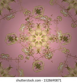 Vector illustration for invitations, cards, web page. Golden outline floral decor. Golden element on neutral and yellow colors. Line art seamless border for design template. Eastern style element.
