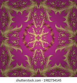 Vector illustration for invitations, cards, web page. Golden element on yellow and magenta colors. Golden outline floral decor. Line art seamless border for design template. Eastern style element.