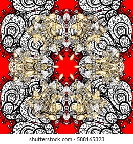 Vector illustration for invitations, cards, web page. Golden element on red background. Line art seamless border for design template. Eastern style element. Golden outline floral decor.