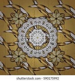 Vector illustration for invitations, cards, web page. Eastern style element. Golden outline floral decor. Golden element on yellow background. Line art border for design template.