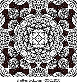Vector illustration for invitations, cards, web page. Eastern style element. White element on brown background. Line art seamless border for design template. White outline floral decor.