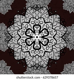 Vector illustration for invitations, cards, web page. Eastern style element. Line art seamless border for design template. White outline floral decor. White element on brown background.