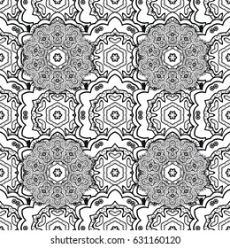 Vector illustration for invitations, cards, web page. White outline floral decor. Eastern style element. Line art seamless border for design template. White element on blue background.