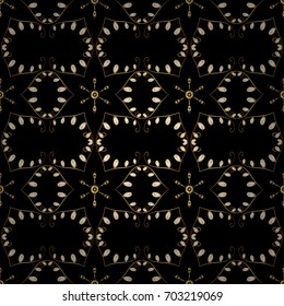 Vector illustration for invitations, cards, web page. Golden outline floral decor. Eastern style element. Line art seamless border for design template. Golden element on black background.