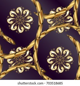 Vector illustration for invitations, cards, web page. Golden element on lilac and purple background. Golden outline floral decor. Line art seamless border for design template. Eastern style element.