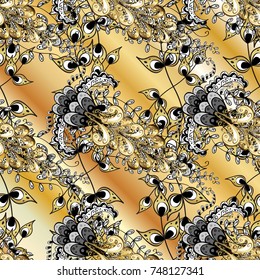 Vector illustration for invitations, cards, web page. Eastern style element. Vector line art border for design template. Golden element on beige, black and yellow colors.