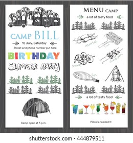 Vector illustration of invite for children birthday in the camping. Template brochure for birthday with menu on wood background. Graphic poster. 