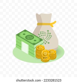 Ilustración vectorial de la moneda IOTA. Patrón aleatorio de billetes y monedas en color verde y oro sobre fondo transparente (PNG). 