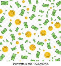 Vector illustration of IOTA money. Random pattern of banknotes and coins in green and gold colors on transparent background (PNG). 