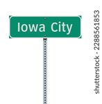 Vector illustration of the Iowa City (Iowa) City Limit green road sign on metallic post