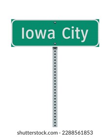 Vector illustration of the Iowa City (Iowa) City Limit green road sign on metallic post