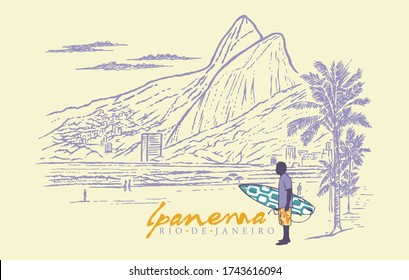 Vector illustration of Ipanema beach, Brazil, and surfer in a stripped style.