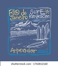 Vector Illustration des Strandes von Ipanema in Rio de Janeiro mit Surfbrettern im Stil der Skizze.