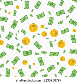 Vector illustration of Iraqi Dinar money. Random pattern of banknotes and coins in green and gold colors on transparent background (PNG). 