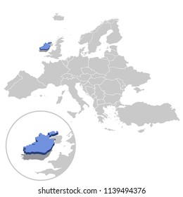 Vector illustration of Ireland in blue on the grey model of Europe map with zooming replica of country.