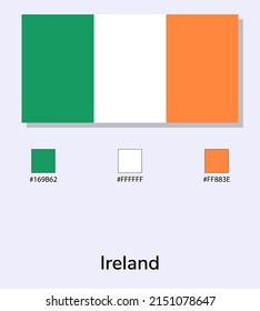 Ilustración vectorial de la bandera de Irlanda aislada en un fondo azul claro. Ilustración Bandera de Irlanda Nacional con códigos de color. Lo más cerca posible del original. listo para usar, fácil de editar. 

