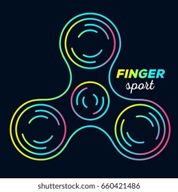 Vector illustration of iridescent color fidget spinner. Creative concept of toy for stress relief annealing with text on black background. Thin line art design of hand spinner for web, game banner