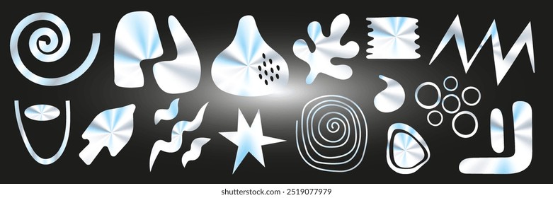 Vektorgrafik mit irisierender Folienklebefolie mit y2k-artigen Symbolen und Objekten. Eine Reihe von holografischen futuristischen Aufklebern.
