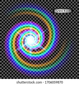 Vector illustration iridescent spiral twists out of bright multicolored light transparent and shining poured out on a transparent background