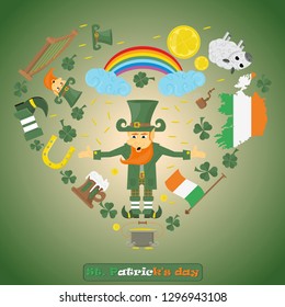 vector illustration of Irish design elements for St. Patricks day holiday, drawn in flat style