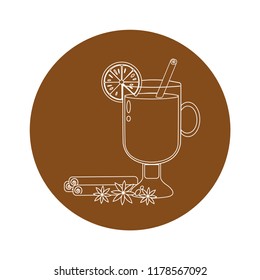 Vector illustration with irish glass with mulled wine, cinnamon stick, cardamon and orange slice on brown background