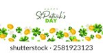 Vector illustration of irish green clover and golden coin with happy saint patricks day word on white background. 3d style design of clover and leprechaun gold in pattern border for st patrick day
