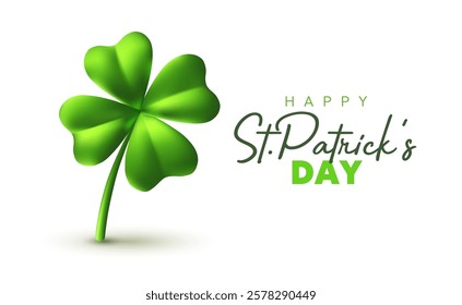 Vector illustration of irish green clover and happy saint patricks day word on white background. 3d style design of template with green four leaf clover and text for st patrick day celebration banner