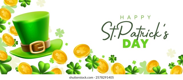 Vector illustration of irish green clover, hat and golden coin with happy saint patricks day word on white background. 3d style design of template with leprechaun hat, gold and clover for patrick day