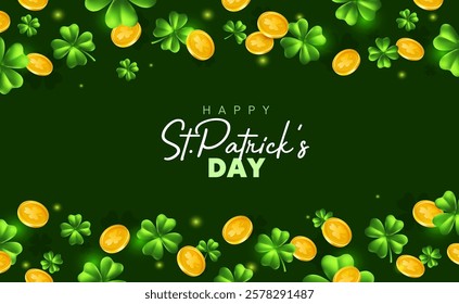 Vector illustration of irish green clover and golden coin with happy saint patricks day word on green background. 3d style design of template with leprechaun gold and clover in pattern border for card