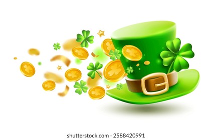 Vector illustration of irish green leprechaun top hat with buckle and clover with fly golden coin on white background. 3d style design of leprechaun hat, clover and gold coin for saint patricks day