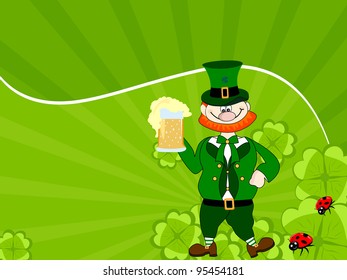 Vector illustration of an irish leprechaun on rays and colver background for St. Patrick's Day.