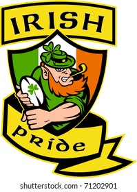 vector illustration of an Irish leprechaun or rugby player running with ball wearing hat with shamrock or clover leaf  and shield flag of Ireland and words "Irish Pride"