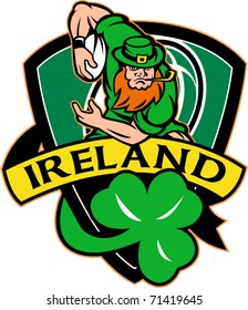 vector illustration of an Irish leprechaun or rugby player running with ball wearing hat with shamrock or clover leaf  and shield with words "Ireland"