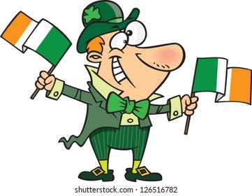Vector illustration of  Irish leprechaun waving Irish flags