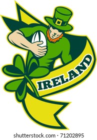 vector illustration of an Irish rugby player running with ball wearing leprechaun hat with shamrock or clover leaf and scroll with words "Ireland"