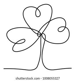 Vector illustration of irish symbol of St Patrick Day. Continuous line drawing of shamrock leaf. Minimalism black-white design. Good for poster, banners and logotypes.