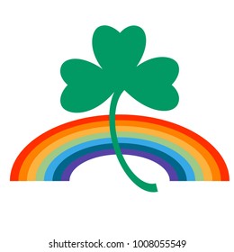 Vector illustration of irish symbol of St Patrick Day - green shamrock leaf on rainbow background. Minimalism flat design, good for poster, banners, flyers, logotypes.