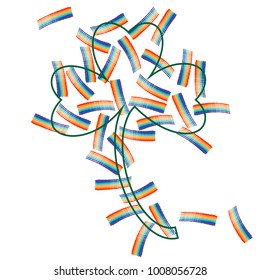 Vector illustration of Irish symbol of St Patrick Day - green contour of shamrock leaf with randomly arranged small textured rainbows. Minimalism design, good for poster, banners, flyers.