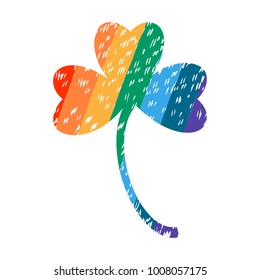 Vector illustration of Irish symbol of St Patrick Day - leaf of textured shamrock, painted by rainbow colors. Good for poster, banners and logotypes.