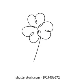 Vector illustration of irish symbol of St Patrick Day. Continuous line drawing of shamrock leaf. Minimalism black-white design