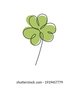 Vector illustration of Irish symbol of St Patrick Day. Continuous line drawing of shamrock leaf. Minimalism in design with green color