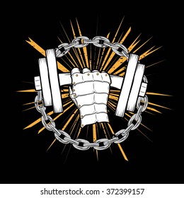 Vector illustration of an iron bodybuilding hand powerfully  lifting heavy dumbbell on a grungy orange background with iron chains. For t-shirts, gym coat of arms, etc