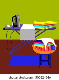 Vector Illustration. Iron and clothes on ironing board.