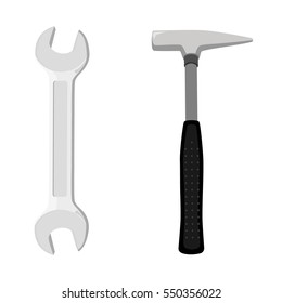 Vector illustration iron hammer with black handle and of two-way wrench isolated on white background. Working tool icon.